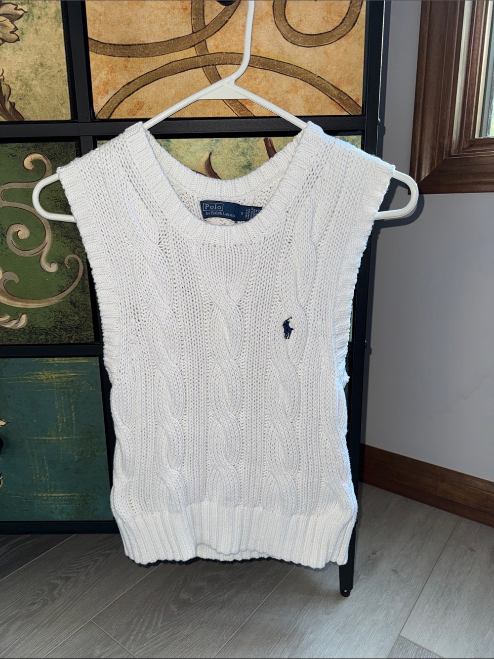 Polo by Ralph Lauren White Cable-Knit V-Neck Sweater Vest with Navy Pony